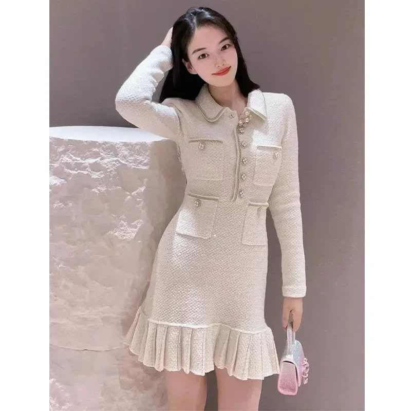 

2023 Autumn and Winter Lapel Long Sleeve Pleated Knitted Short Dress