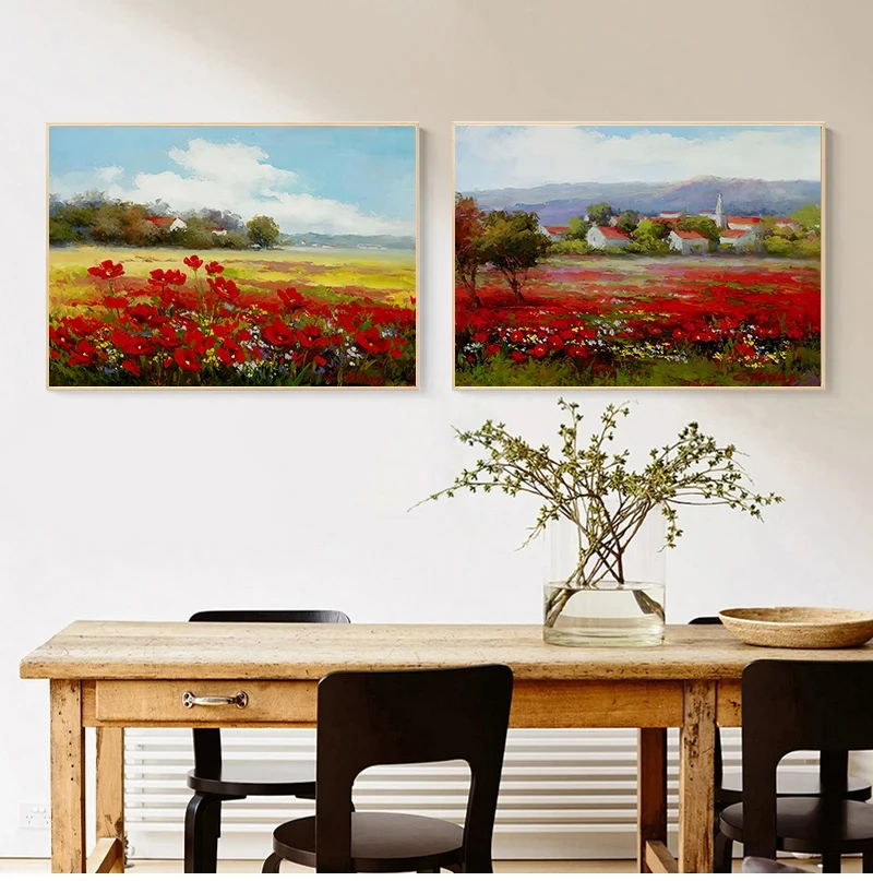 Astratta Wild Red Flower Poppies Paesaggio Pittura A Olio Su Tela, Moderna Stampa Pastorale Poster Wall Art Picture Room Decor