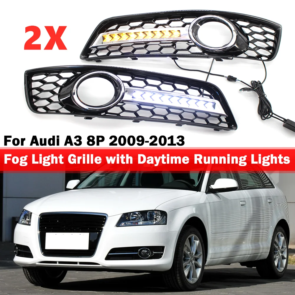 2x Car Front Fog Light Lamp Cover Front Grille With Led Drl