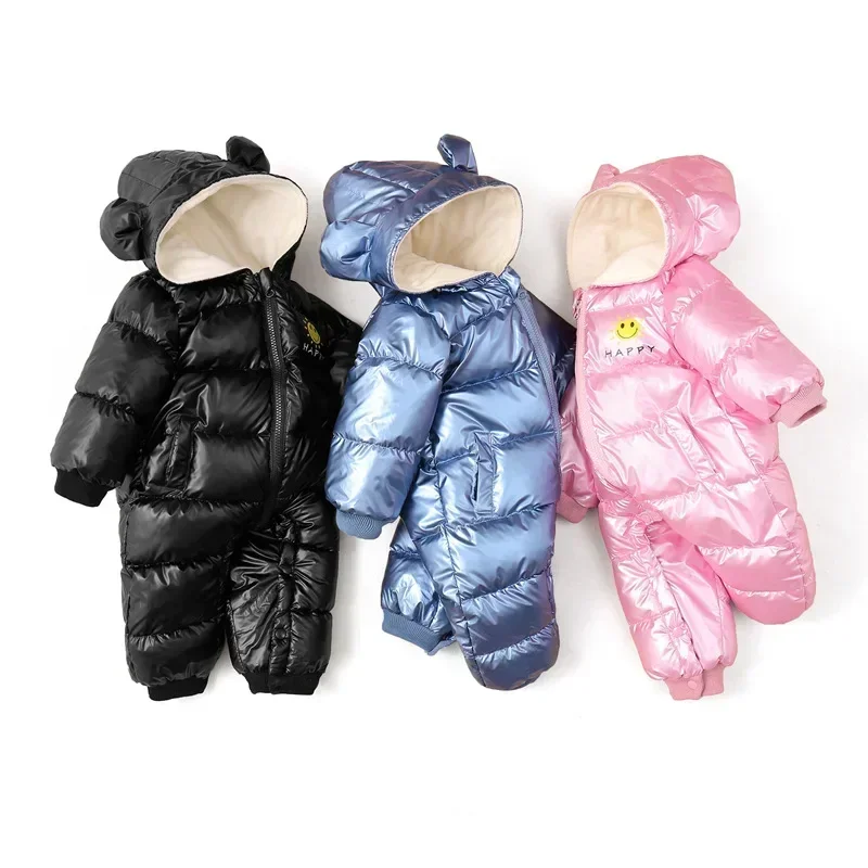Baby Boys Winter Snowsuit Plus Velvet Waterproof No-wash Infant Boy Jumpsuit Shinny Hooded Newborn Girls Romper Coat