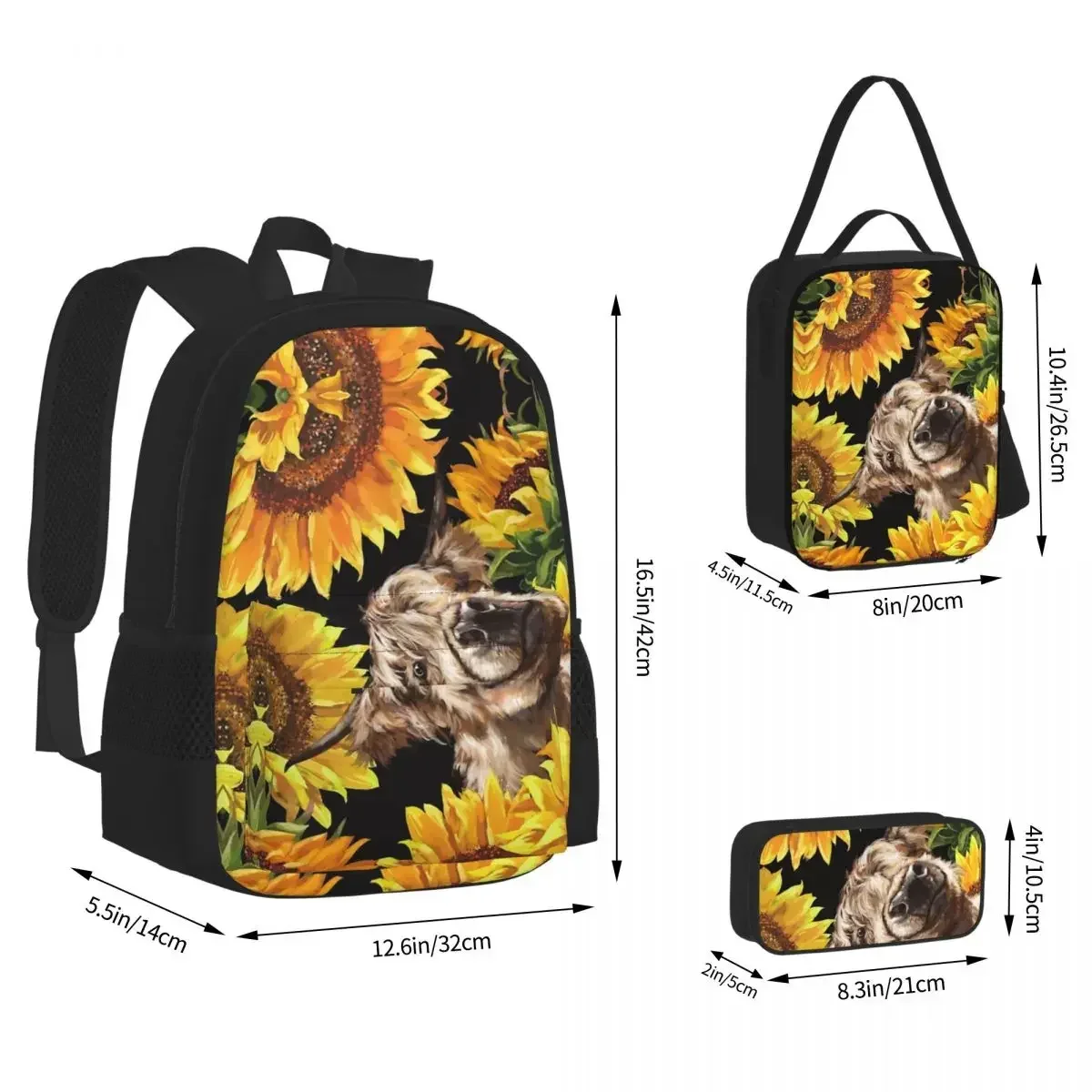 

Highland Cow In Sunflower Garden Backpacks Boys Bookbag Children School Bags Cartoon Rucksack Lunch Bag Pen Bag Three-Piece Set