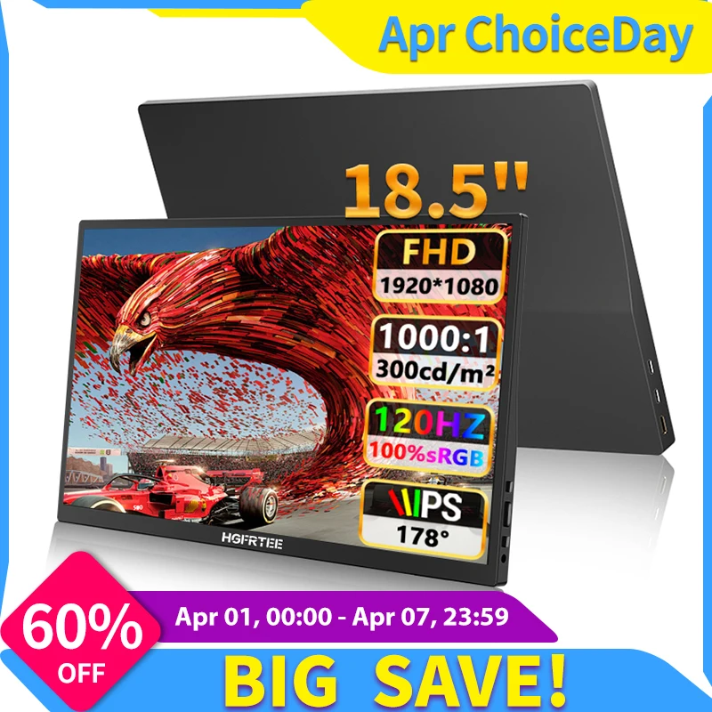 HGFRTEE 18.5인치 휴대용 모니터 120Hz RGB100%(VESA 홀 및 후면 브래킷 포함) 노트북 확장 디스플레이 ADS-IPS HDR 스크린