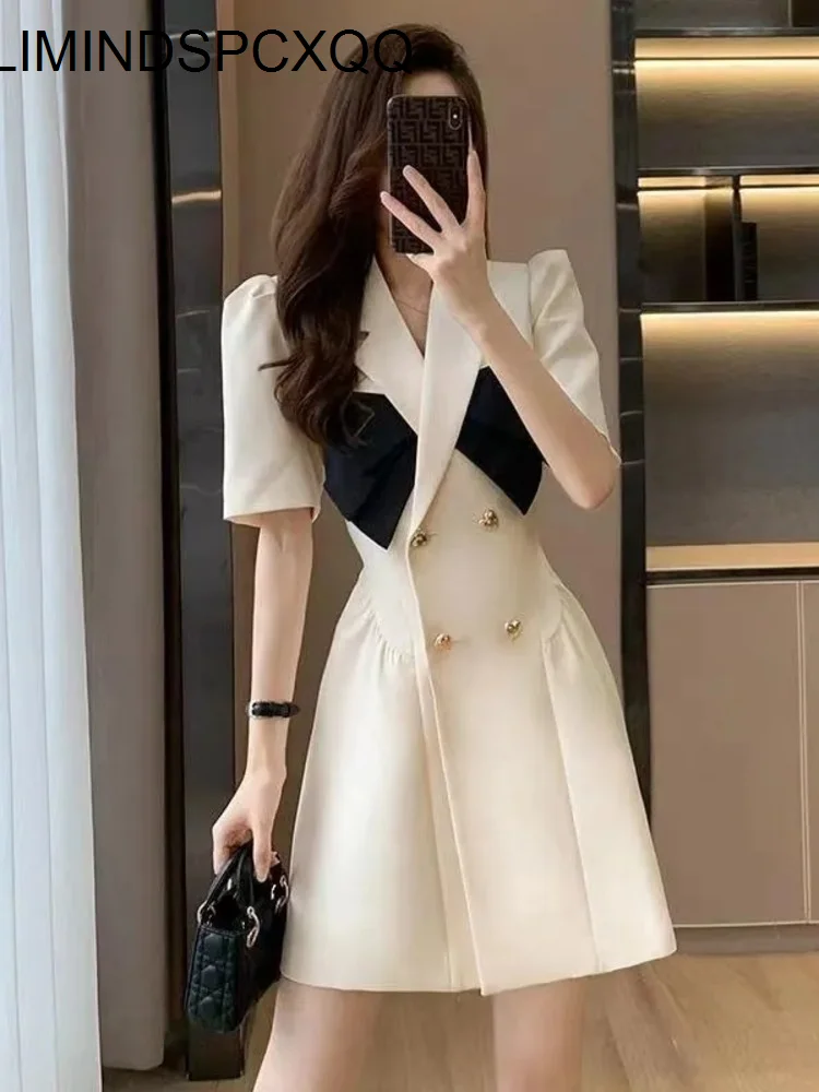 

Elegant Notched Collar Short Puff Sleeves A-line Mini Blazer Dresses Women Summer New Bow Ruched Slim OL Short Dress Vestidos