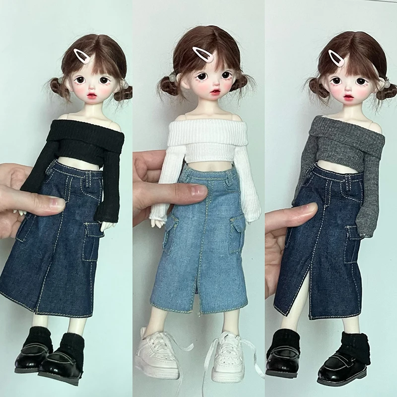 New Arrival (1/6 BJD Doll Clothes) Off Shoulder Sweater Knit Tops and Split Denim Long Skirt Mini Dress for 30cm Dolls Clothing