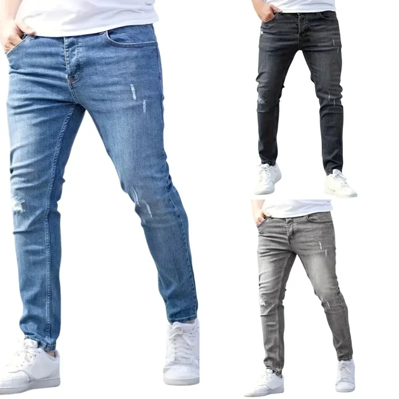 Men's Jeans Stretch Slim Fit Trousers Streetwear Classical Casual Pants Skinny Zipper Denim Designer Clothes Black Blue 3