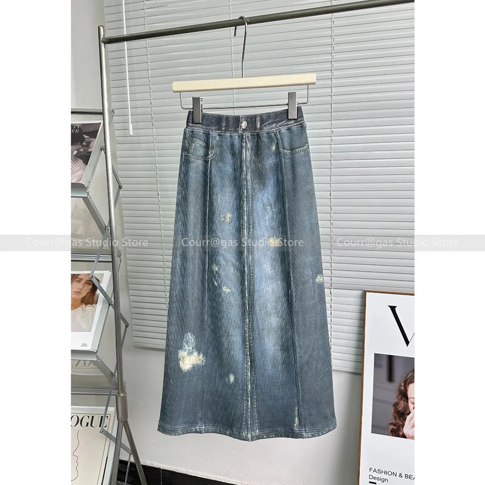 

Retro niche blue do old broken holes high waist half-body skirt female 2024 spring new fashionable package hip skirt