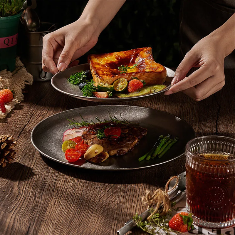 Retro Stainless Steel Storage Trays Kitchen Dinner Plate Round Snow Gray Tableware Plate Coffee Dessert Cake Serving Dishes