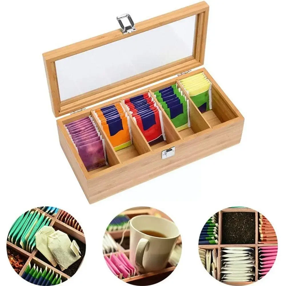 

Storage Home Box For Holder Organizer Retro Tea E6y9 6-compartment Kitchen With Wooden Cabinets Lid Coffee Bag Style