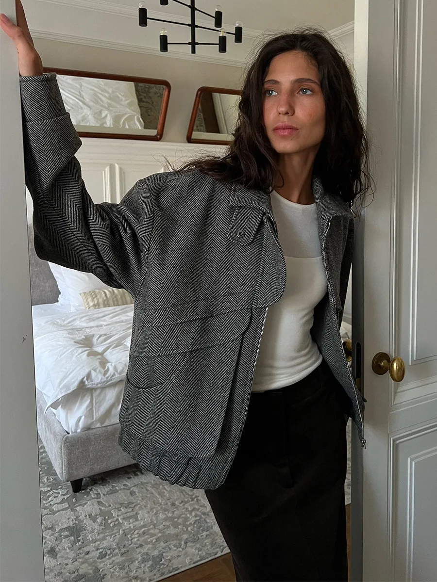 Bornladies New Autumn Winter Retro Jacket Women's Zipper Front Coat Fit Flap Pockets Stand Up Collar Casual Jackets