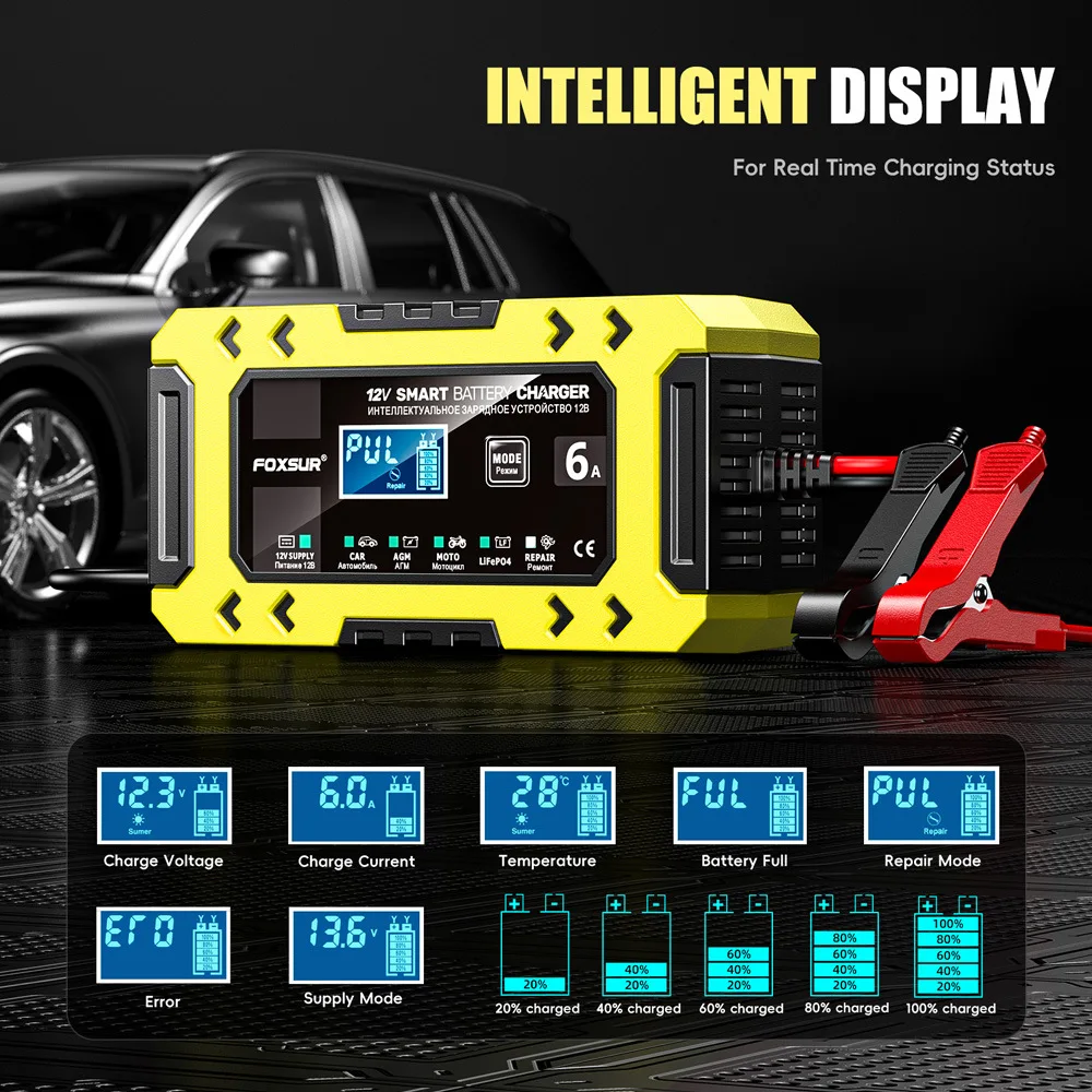 FOXSUR Vollautomatisches Autobatterieladegerät, 12 V, 6 A, Digitalanzeige, 10-stufiges Batterieladegerät, Power Puls Reparatur, Motorradladegeräte – Detail 8