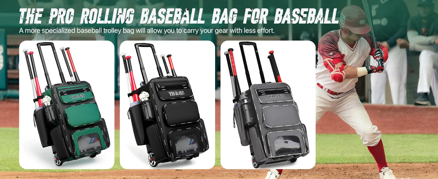 Rollbare Baseball-Tasche mit Rädern und Zaun-Haken für T-Ball-Schlägerausrüstung, Leichte Baseball-Schlägertasche mit Schuhfach – Detail 3