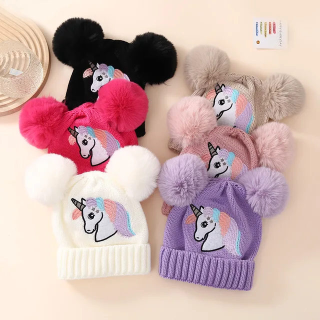 100% Cotton Pompom Newborn Baby Hat Cute Unicorn Toddler Earflap Beanie Baby Winter Kids Hat for Girls and Boys 1