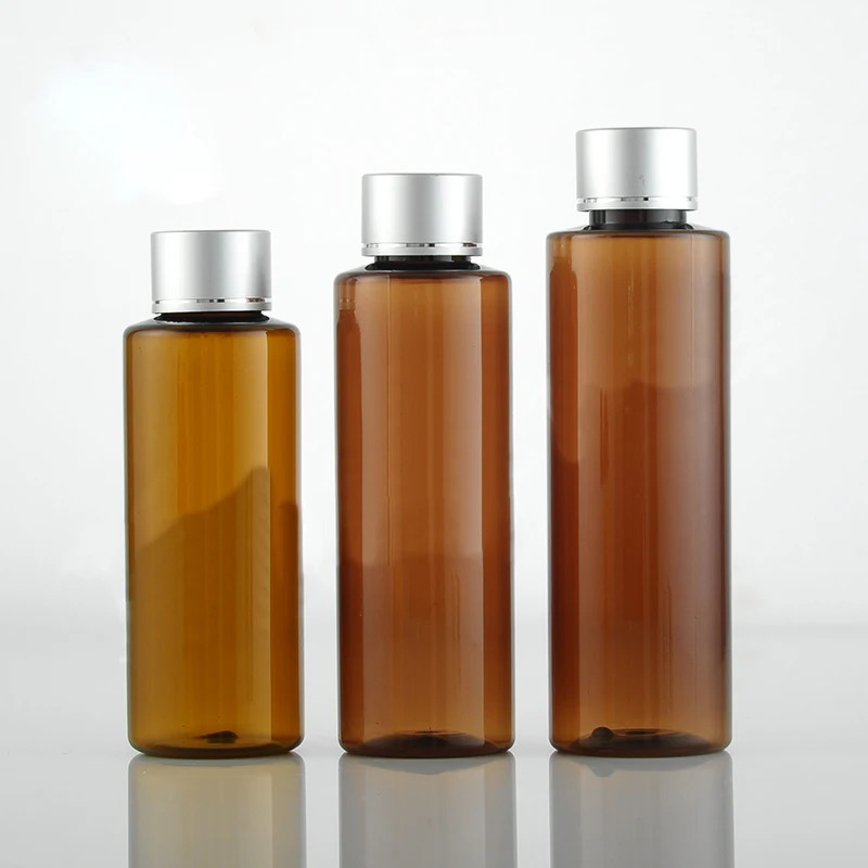 

50pcs 100ml 120ml 150ml Empty Plastic Brown Bottles With Silver Cap For Shampoo Shower Gel Liquid soap Cosmetic packaging