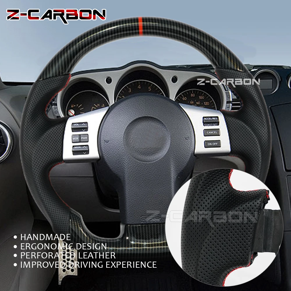 Steering Wheel Hydro Print Carbon Fiber Perforated Leather For Nissan 350Z 2003-2006 Models Red Stripes Sport Wheel