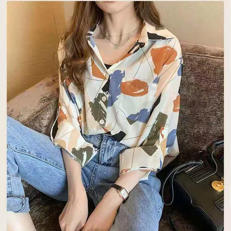 

Women Long Sleeved Blouses Office Lady Polo Shirt Femal Loose Shirts Printed Coat 2023 Spring Summer Plus Size 4XL Clothing