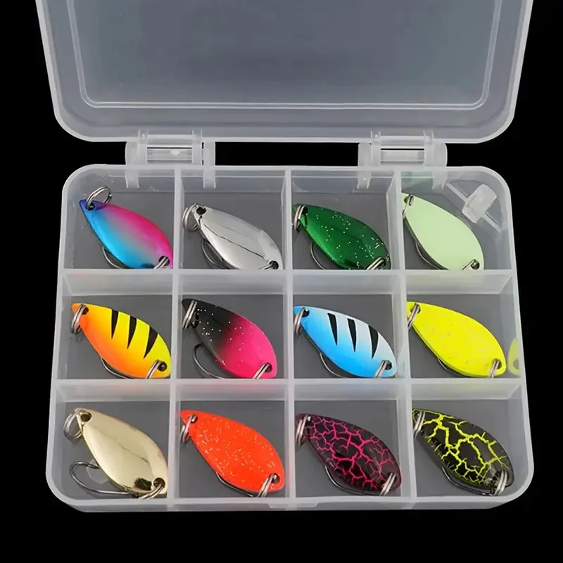 12 stücke Box Kit Metall Löffel Angeln Locken Wobbler Casting Jigging Tackle Zubehör Pesca Chub Einzigen Haken Spinner Köder Forelle bass – Detail 1
