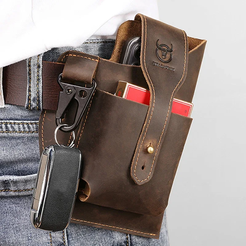 New Men's Genuine Leather Waist Bag Vintage Cow Leather Waist Belt Bag For 5.5-6.8-Inch Mobile Phone Outdoor Key Storage Bag