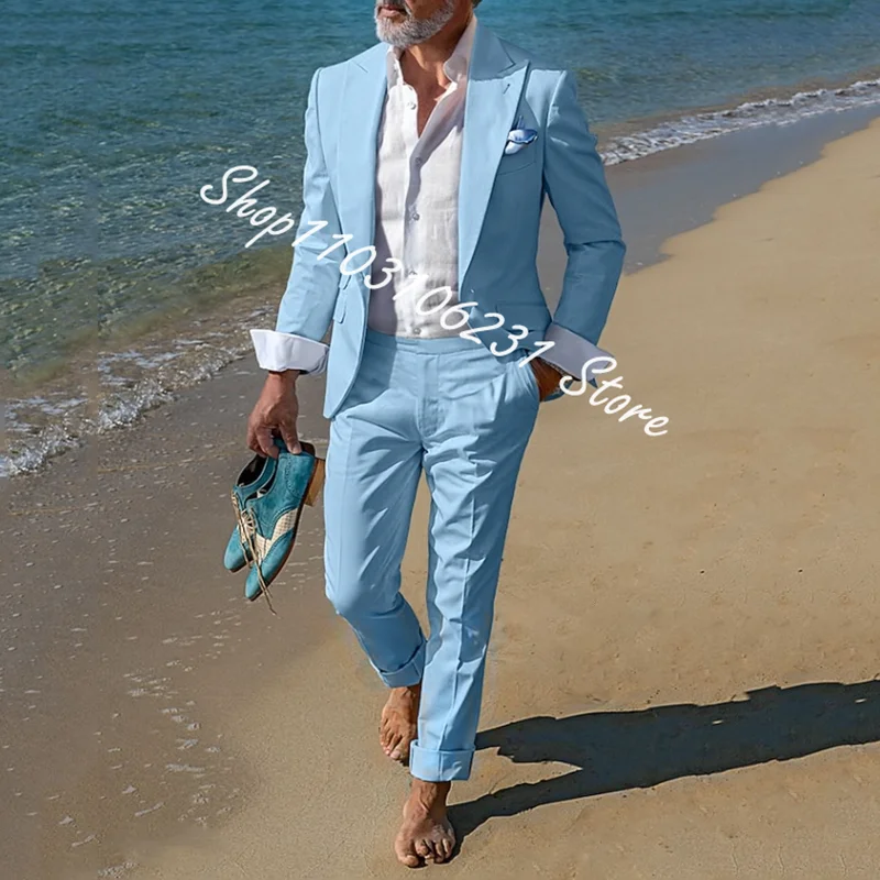 2 Pieces Beige Suits for Men Slim Fit Wedding Groom Tuxedos Groomsmen Suits Male Fashion Beach Costume Homme Blazer with Pants