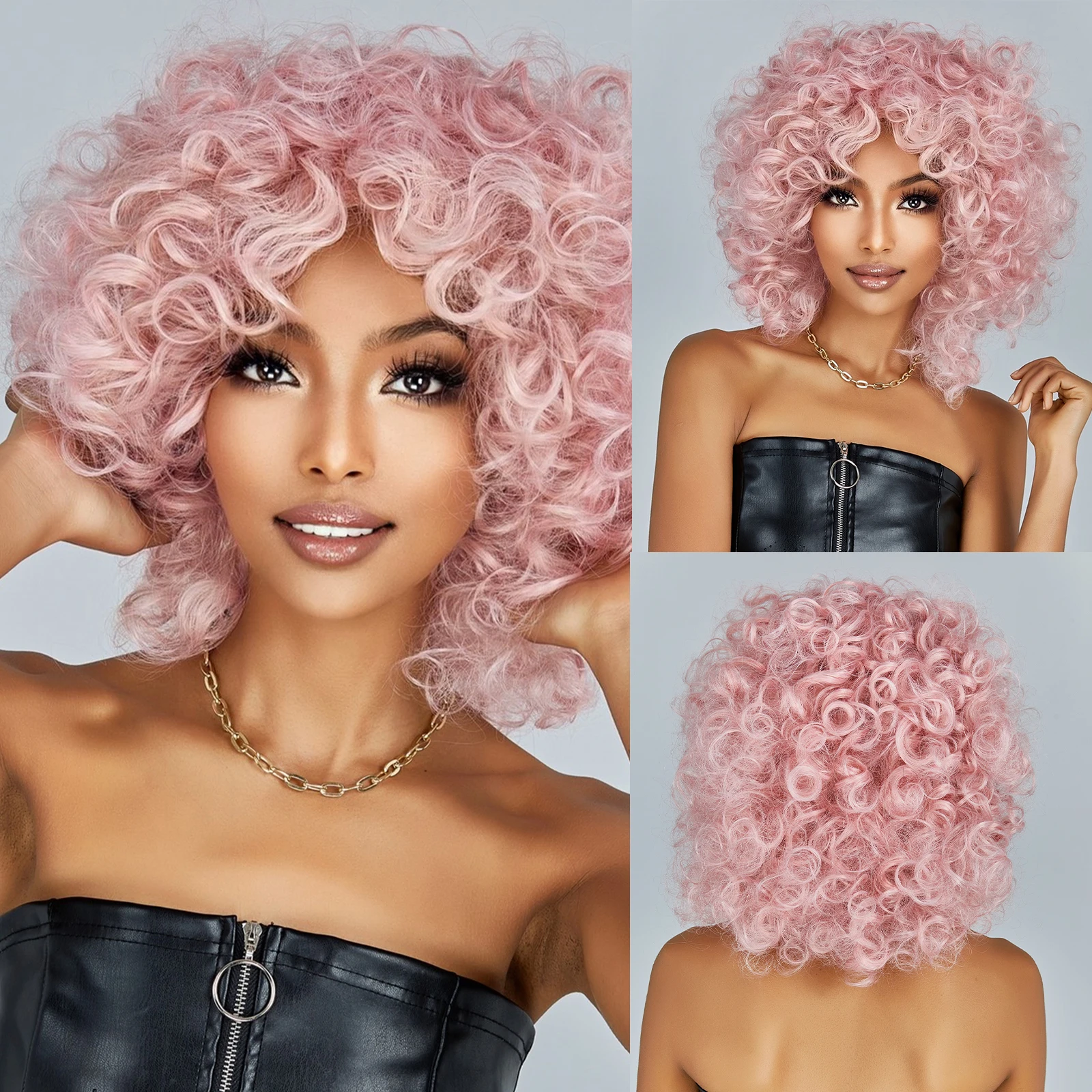 PinkCurlySyntheticWigsforBlackWomenShortKinkyCurlyWigwith