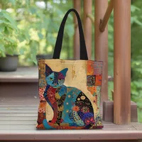 Sac fourre-tout à motif de chat floral, sac à bandoulière d'école en toile esthétique, sac d'épicerie léger 2
