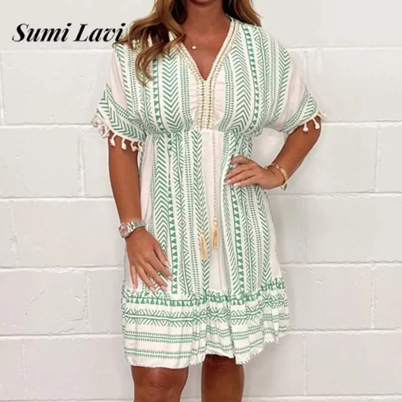 

Fashion Print Waist Mini Dress Women Elegant V-neck Pleated Party Dress Casual Casual Fringe Patchwork Short Sleeve A-Line Dress