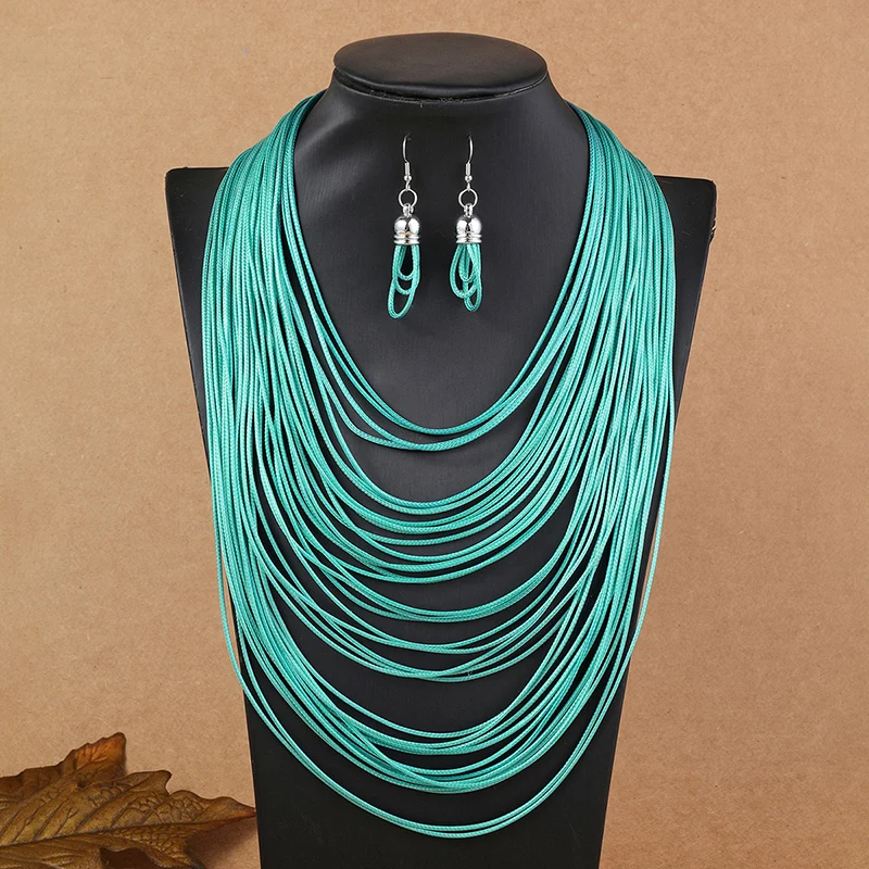 Bunte mehrschichtige Lederschnur Wachs Seil Kette Halskette Schmuckset für Frauen Schnur Schnur Halskette Ohrringe Set Schmuck Geschenke – Detail 2
