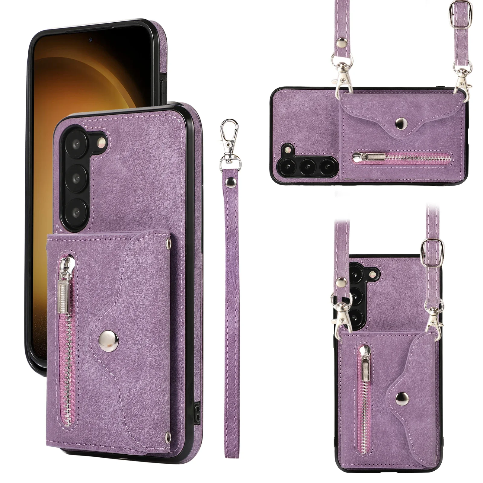 Elegant Crossbody Leather Zipper Wallet with Card Slots and Long Lanyard