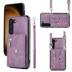 Elegant Crossbody Leather Zipper Wallet with Card Slots and Long Lanyard - Samsung S23Plus (PURPLE)