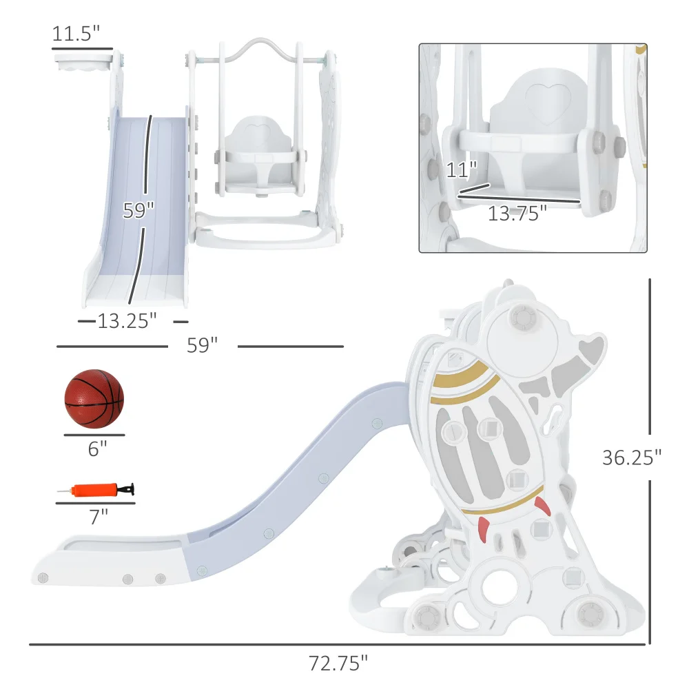 Toddler Swing and Slide Set with Basketball Hoop, Space Theme, Gray 3