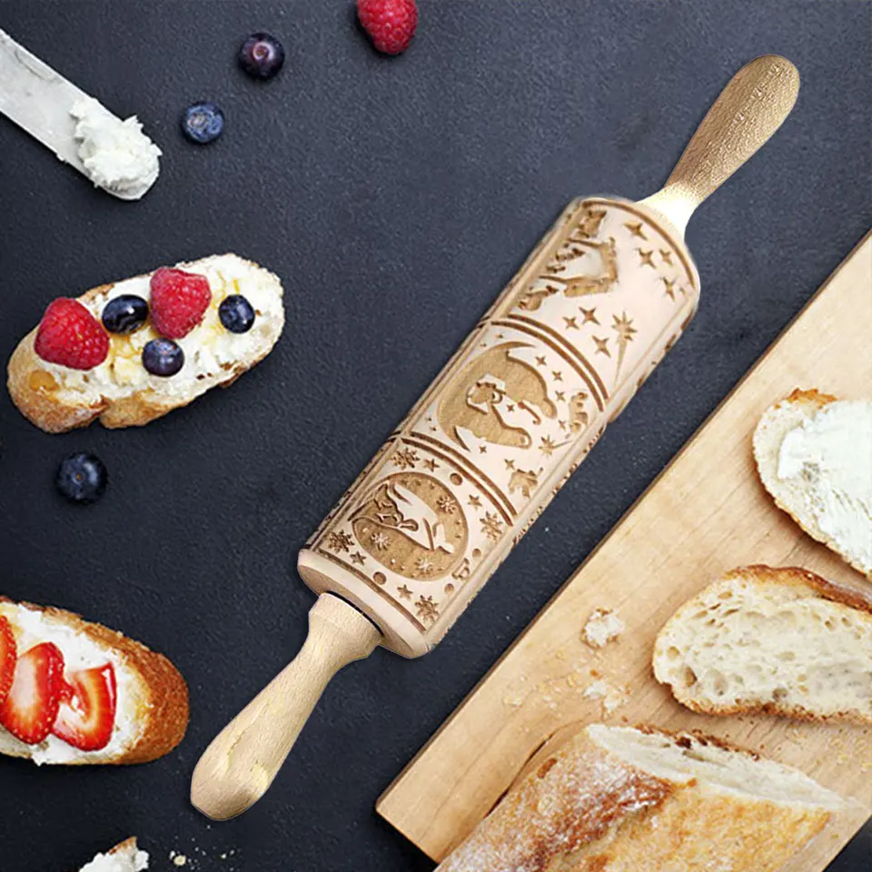 Mattarello In Legno Goffrato Con Motivo Floreale - Per Biscotti E Decorazioni - Foto 7