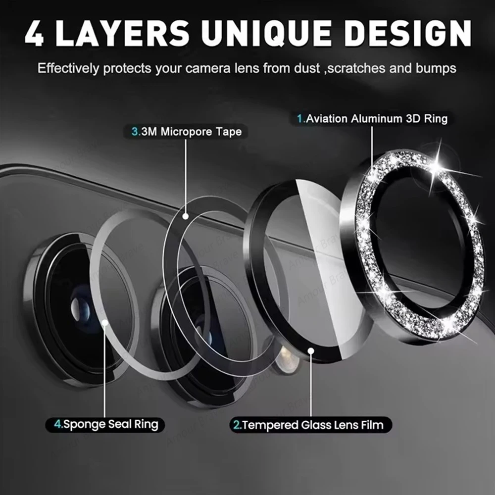 Diamond Glitter Camera Glass Lens Protector with Metal Ring