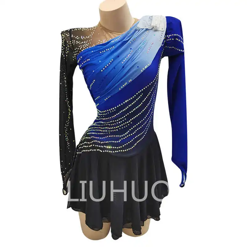 

LIUHUO Pink Long Sleeve Figure Skating Skirt Simple And Elegant Girl Competition Performance Gradient Blue