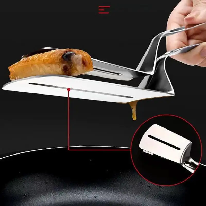 Stainless Steel Frying Shovel Clip 2 In 1 Food Grip Spatula Tongs Multifunctional Fish Gripper Steak Tong BBQ Food Clamp Spatula