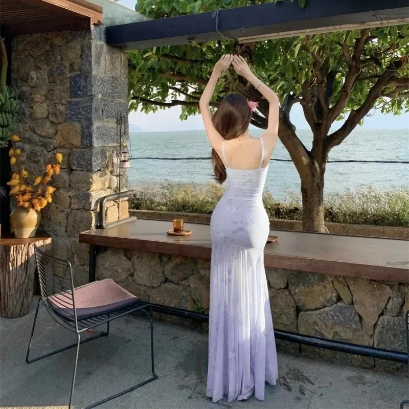 New Mesh Gradient Floral Fish Dress Women Elegant Patchwork Spaghetti Strap Midi Dress Sexy See Through Beach Vacation Vestidos