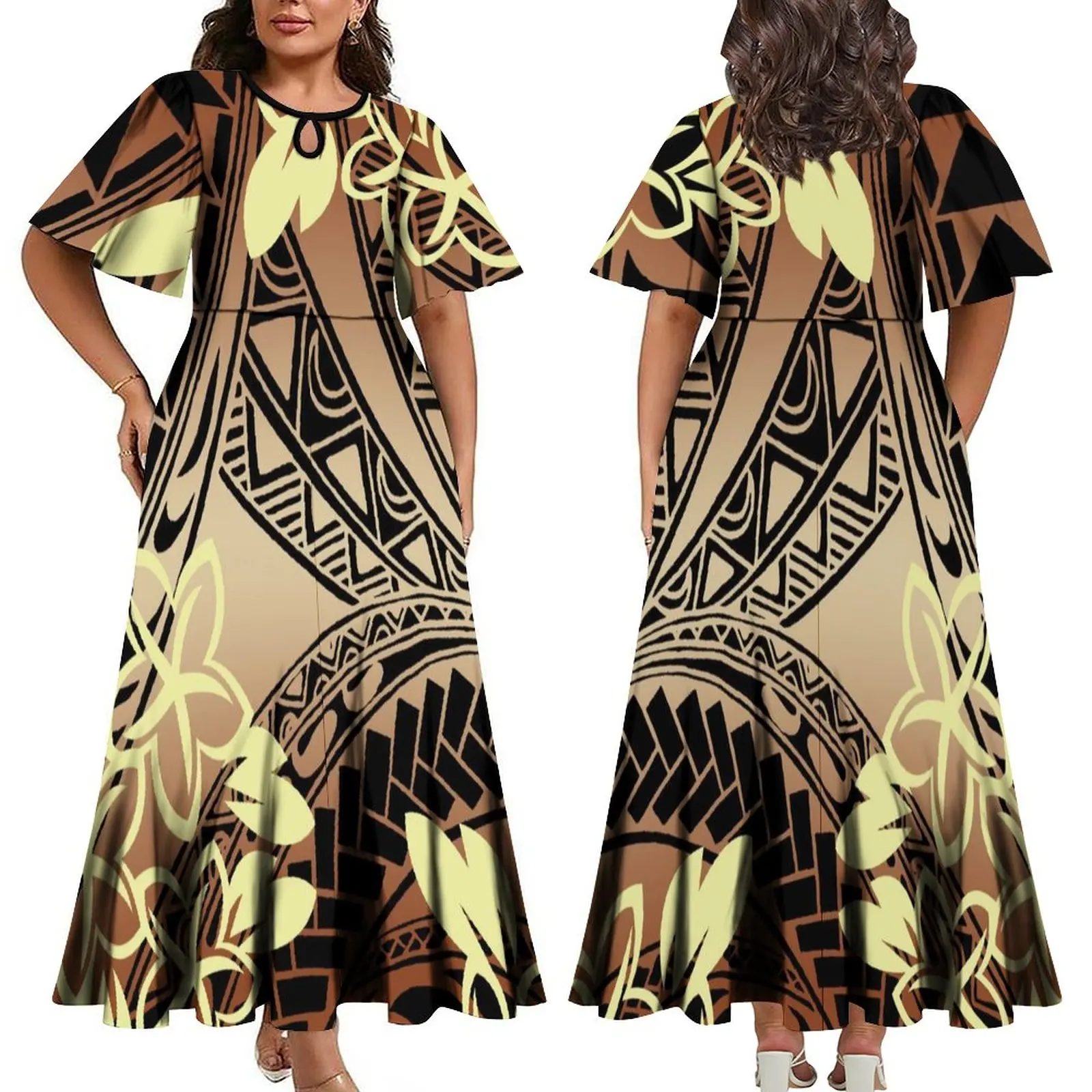 

Summer Women's Dress Polynesian Fluffy Large Hemline Pacific Art Island Long Dress Banquet Dress High Quality Fabric