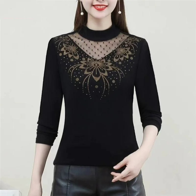 Oversize Versatile Fashion Women's Clothing Autumn and Winter New Lace Half High Neck Long Sleeve Simplicity Commuter Pullover