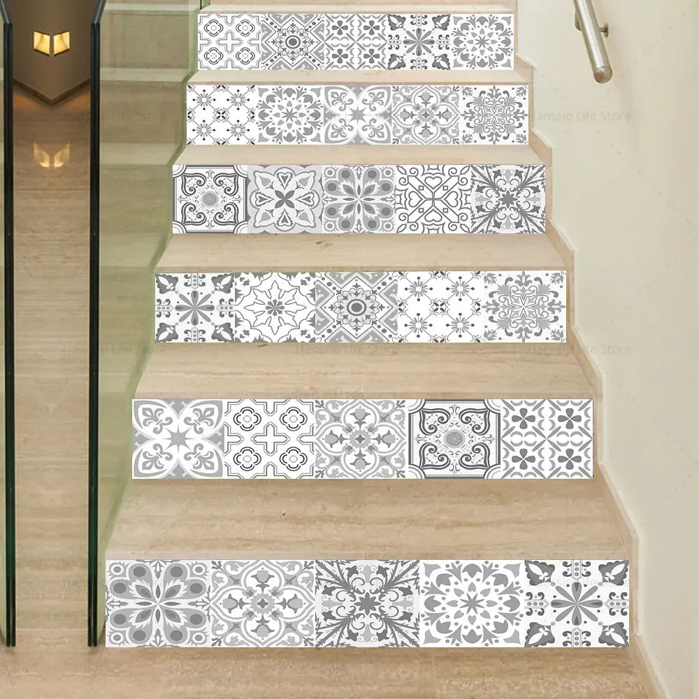 Retro Tile Geometric Stair Stickers Self Adhesive PVC Removable Floor Stairway Cover Art Staircase Decal Stairs Mural 6pcs/13pcs