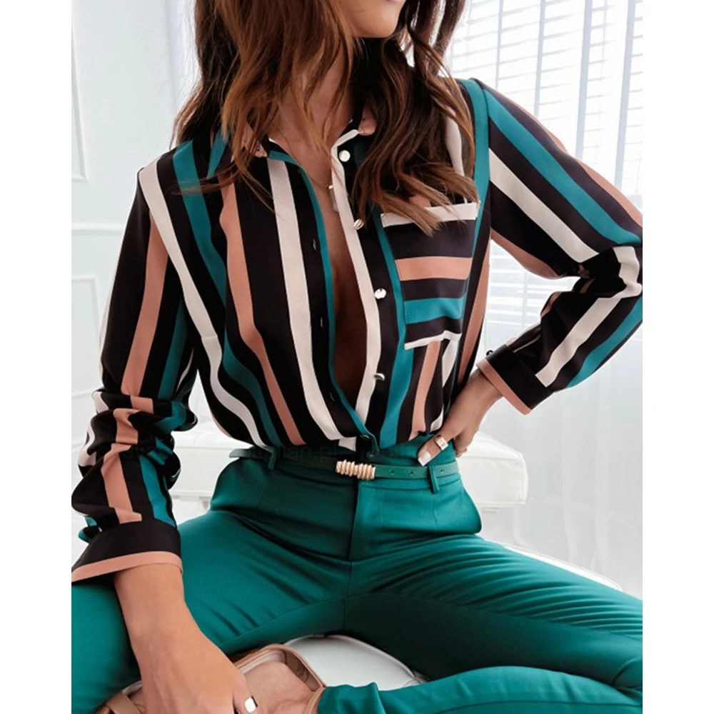 Striped Colorblock Turn-down Collar Long Sleeve Women Blouse Fashion Elegant Office Femme Casual Shirt Top Workwear Free Ship