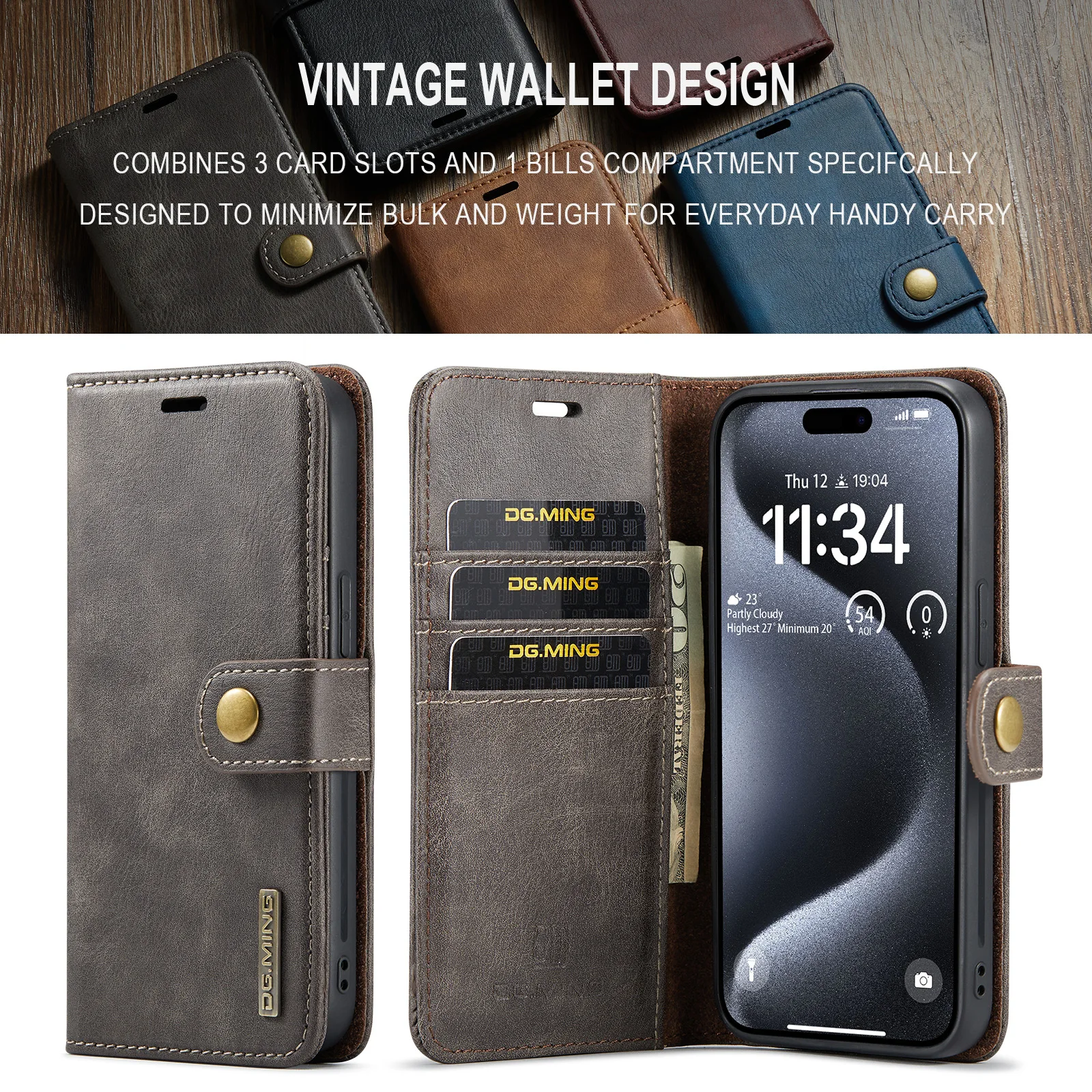 DG.Ming Luxury 2-Folding Detachable Magnetic Leather Wallet Case For iPhone 15 14 13 12 11 Pro Max Flip Cover for XS MAX 7 8 SE2