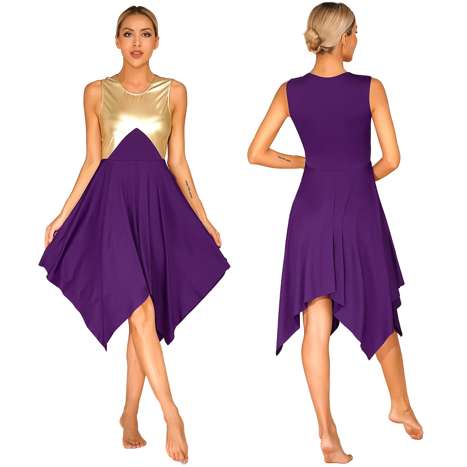 

Women Lyrical Dance Dress Ballroom Dancing Church Worship Choir Costume Sleeveless Metallic Asymmetrical Hem Dresses Dancewear