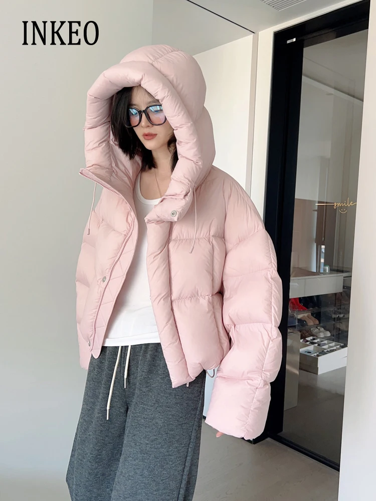 

Fashion Pink Hooded puffer jacket Oversized Women's 2024 Winter Long sleeve 90% white duck down coat Outwear Warm INKEO 3O380