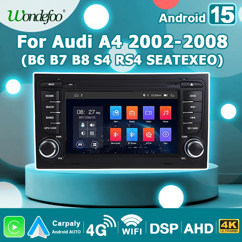 7'' Autoradio Android 15 Auto Wireless Carplay Stereo Bildschirm für Audi A4 B6 S4 B7 RS4 Seat Exeo 2002-2008 2 Din Autoradio Multimedia-Player GPS-Navigation Bluetooth WIFI 4G LTE