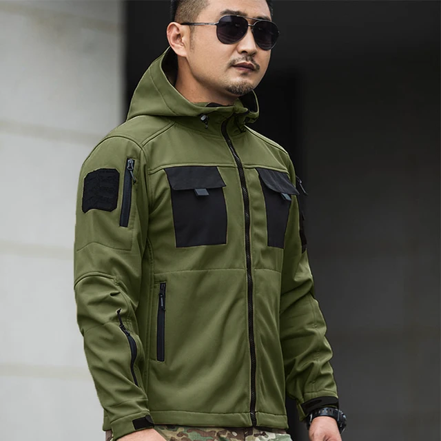 Outdoor Tactical Set Men Military Multi-pocket Hooded Work Jacket+Windproof Waterproof Fleece Cargo Pants Winter Sharkskin Suit 5