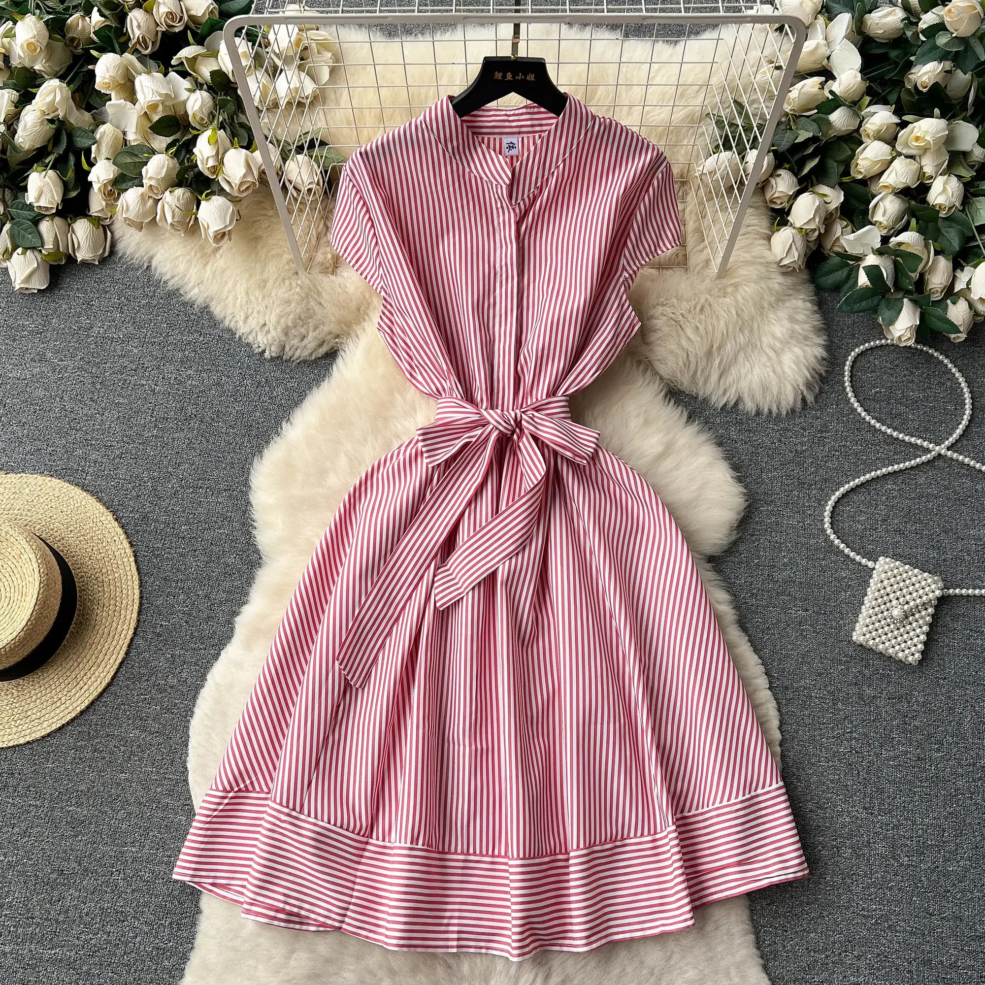 

ssTss Casual Women Striped Print Shirt Dress 2024 New Summer Fashion Round Neck Single Breasted Slim A Line Basic Short Dress