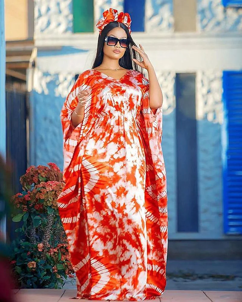 Summer African Women's Purple Orange Dress Half Sleeve V-Neck Polyester Long Dress African Print S-5XL