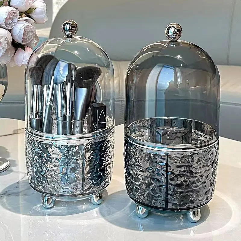Acrylic 360 Rotating Makeup Brush Holder With Lid Clear Makeup Brush Organizer For Vanity Cosmetic Storage Box Bath Countertop 5