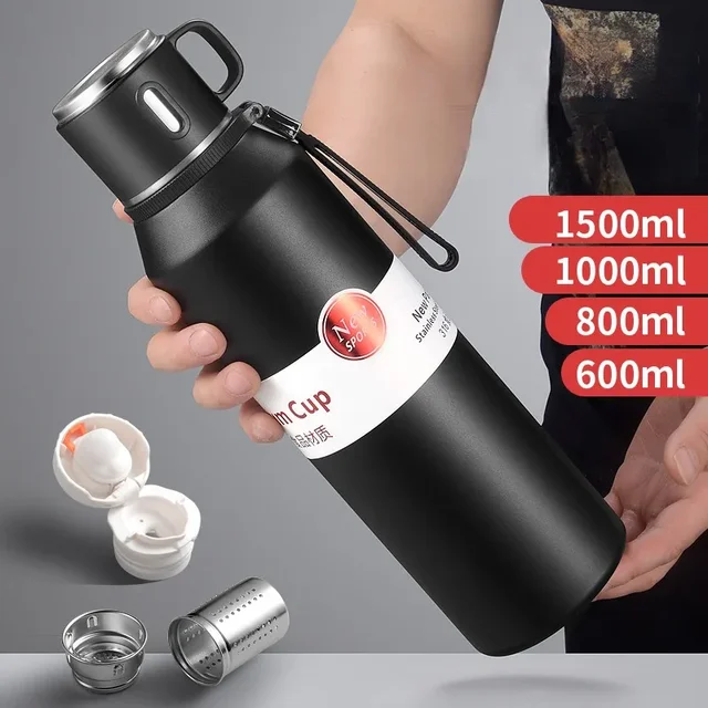 Bouteille isotherme à café en acier inoxydable de grande capacité avec filtre à thé, flacons de voyage, tasse, garde au chaud et au froid, 1L, 1500ml 2
