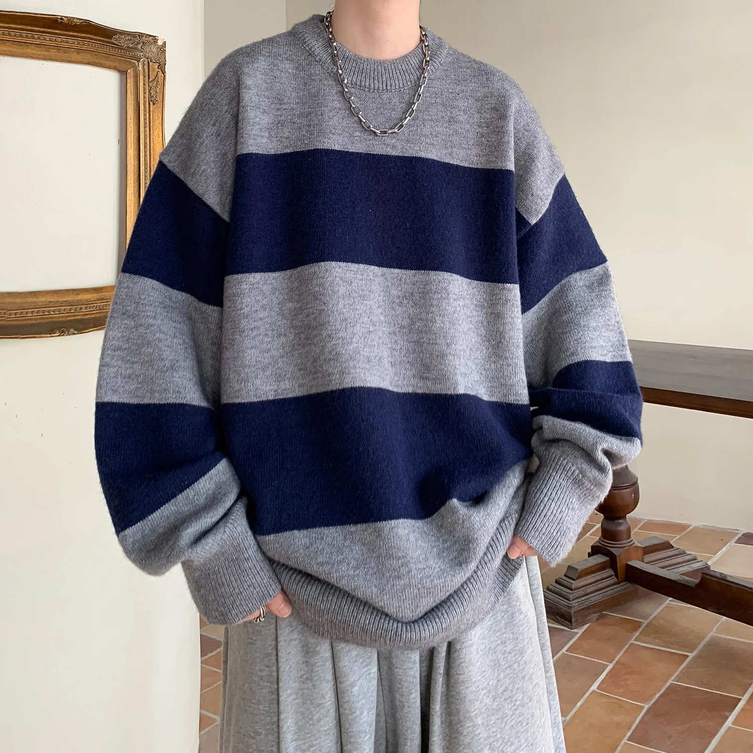 

2023 Winter New Fashion Men's Sweater Youth Casual Stripe Round Neck Loose Pullover Male Casual Thick Warm Thermal Tops