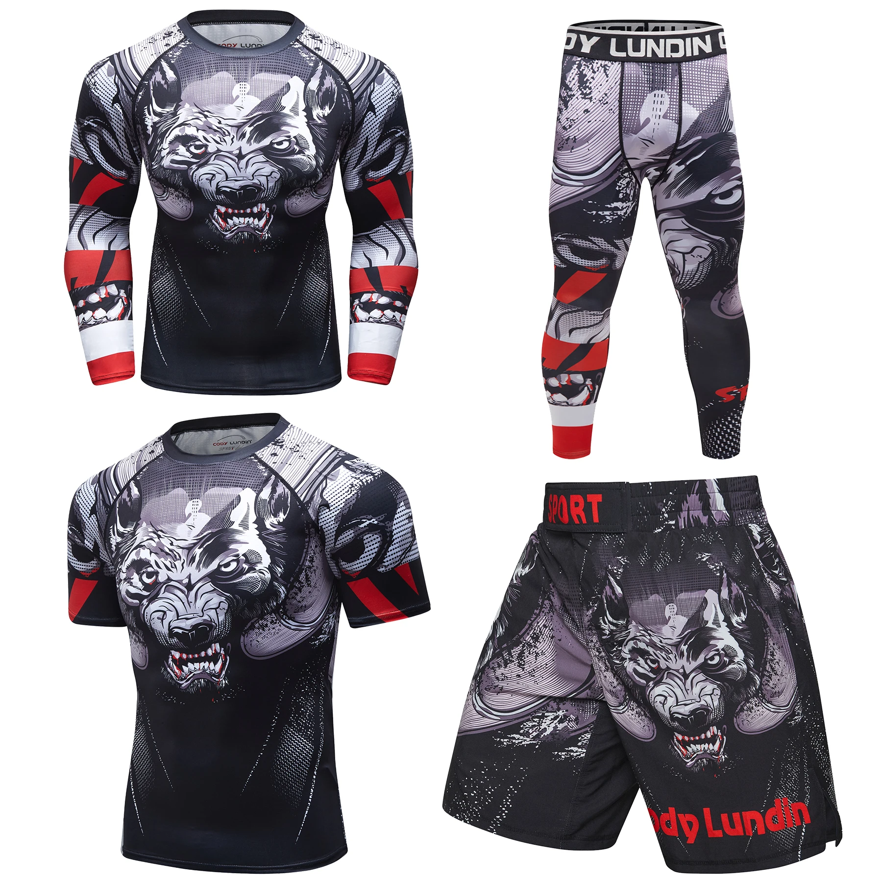 Wolf 프린트 남성용 피트니스 타이트 티셔츠, 압축 운동복 Mma 래쉬가드 레깅스, 체육관 보디빌딩 래쉬 세트, 4 개/세트