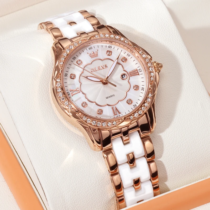 

OLEVS Luxury Brand Watch for Women Ceramic Bracelet Waterproof Quartz Fashion Wristwatch Elegant Ladies Dress Gifts Reloj Mujer